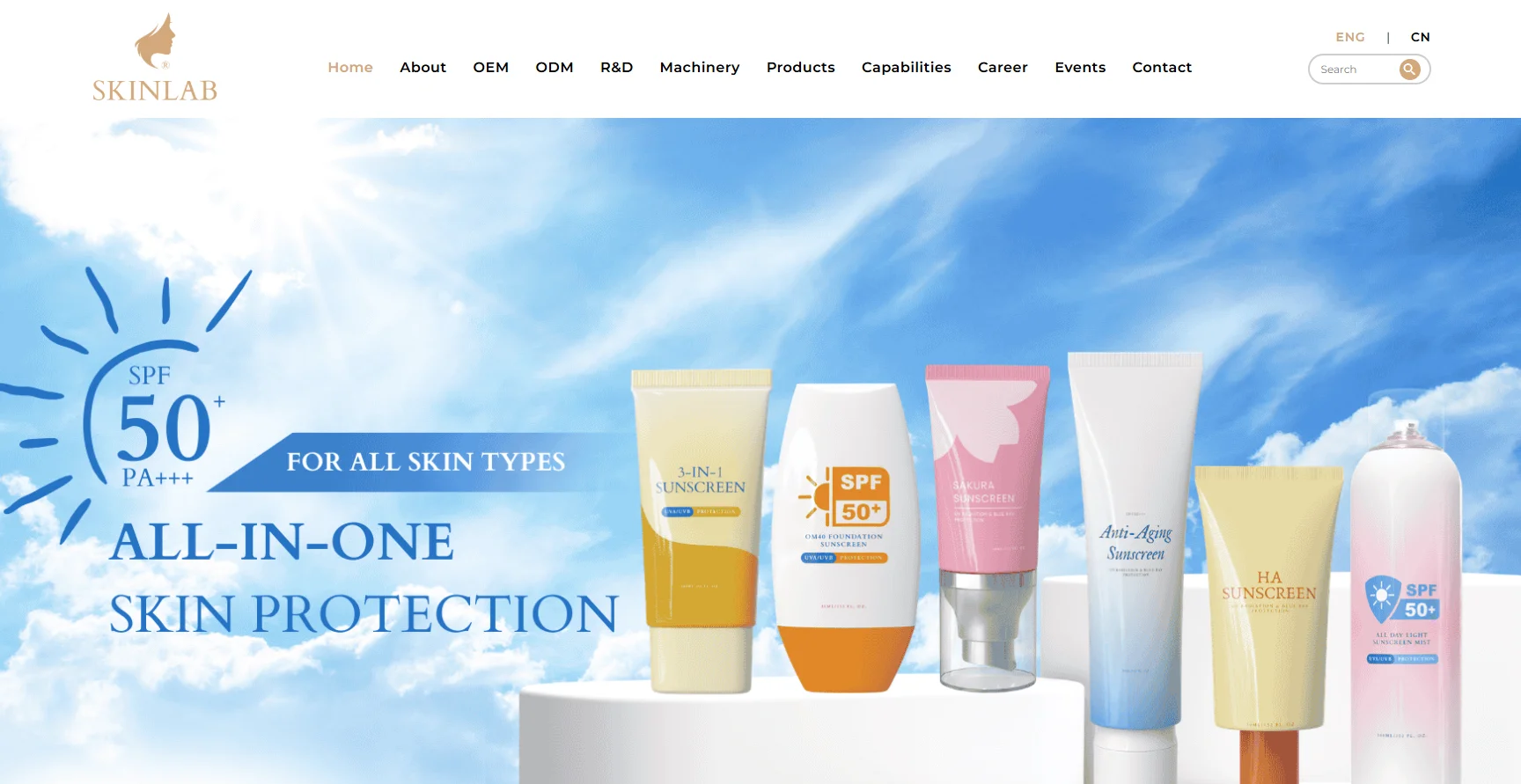 Assorted SkinLab sunscreen products with SPF 50+ and PA+++ rating, displayed against a blue sky backdrop.